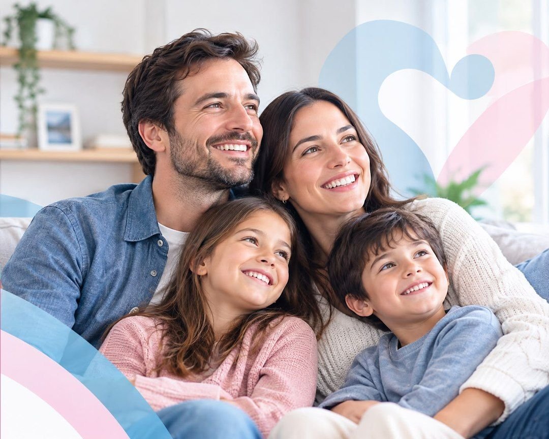 Familia sonriendo junta en el sillón de su casa